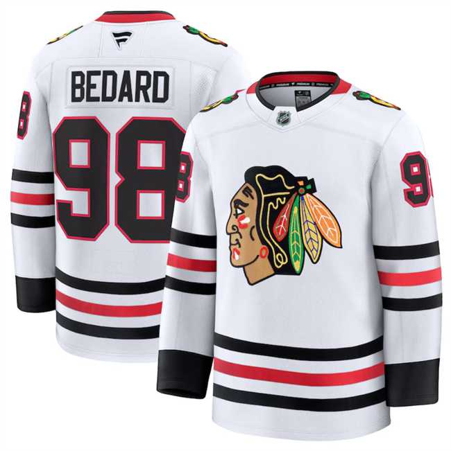 Mens Chicago Blackhawks #98 Connor Bedard White 2024-25 Away Stitched Hockey Jersey Dzhi